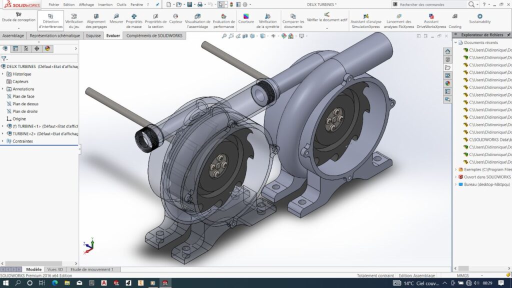 Capture d'écran de deux turbines avec Solidworks