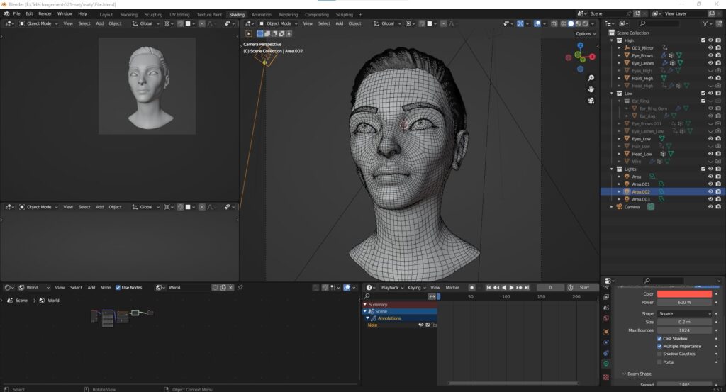 Capture d'écran d'une tête de femme sur Blender 