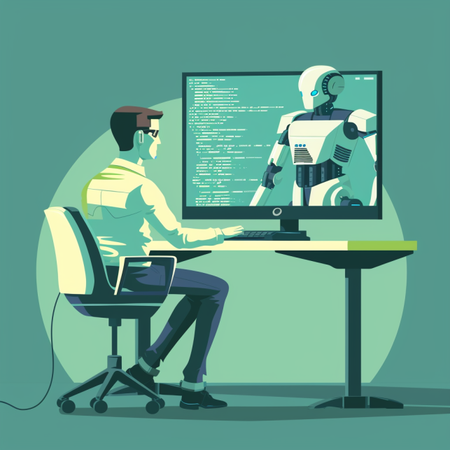 illustration d'une personne devant son écran en interaction avec une intelligence artificielle